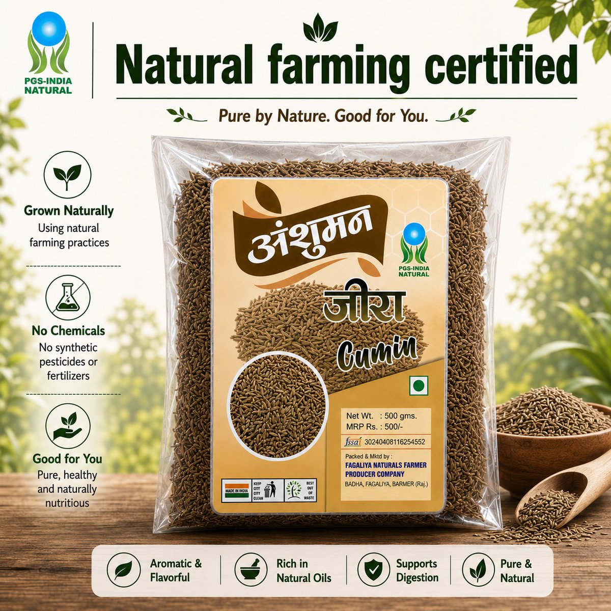 AgriGoI's tweet photo. 🌿 Go Natural.

FAGLIYANATURALS Farmer Producer Co Ltd, #Barmer #Rajasthan #FPO, cultivates cumin using bio-inputs such as jeevamrit, beejamrit following natural farming practices, free from chemicals & pesticide.

@NITIAayog

🛒 Experience the rich aroma of certified naturally grown cumin:
https://t.co/Jf5cwcp0oA

#NaturalFarming #NMNF #Spice #BioInputs #ChemicalFree