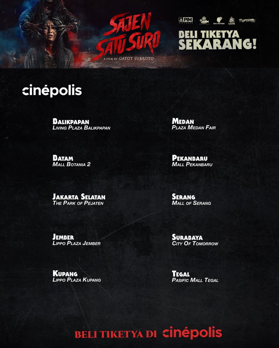 AisyahversWorld's tweet photo. Udah siap masuk ke teror SAJEN SATU SURO? 😱

Cek jadwal tayang di bioskop favoritmu, pilih jam nonton yang paling pas, lalu buruan beli tiketnya sekarang!

Tag teman yang bakal kamu ajak nonton! 👇

#SajenSatuSuro #FilmSajenSatuSuro #PIMPictures https://t.co/xnURbAnYZo