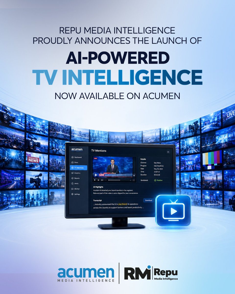 repu_media's tweet photo. TV remains one of the most influential sources of public opinion and the hardest media platform to monitor effectively.

Today, that changes as Repu Media Intelligence introduces AI-powered TV Monitoring, now available on Acumen.

#AcumenMediaIntelligence #RepuMediaIntelligence https://t.co/BzPs2I2ktu