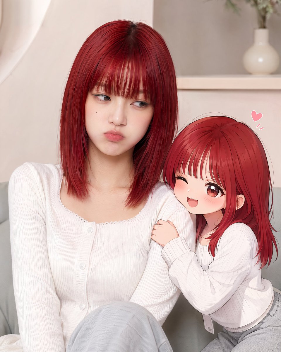 doctorwasif's tweet photo. Made with Chatgpt 2 

Prompt:
Using the uploaded photo as the definitive likeness reference, generate a tall, high-end portrait that pairs a photorealistic rendering of the subject with a smaller, stylized anime version of the same person matching facial features, hair, clothing, and overall vibe. The anime figure should be actively affectionate (clinging to the arm, snuggling close, making finger hearts, gazing up with bright, shining eyes), while the real-life figure wears a cute, mock-grumpy expression that hints at hidden fondness underneath. Aim for a strong contrast in energy: an overtly affectionate anime companion against a real person who's playfully feigning annoyance while clearly charmed. Style should evoke Korean influencer content soft pastel backdrop, flattering light, photoreal main figure, refined anime companion art, strong likeness, and overall polished quality.
Avoid: hostility, coldness, overly serious tone, unsettling vibes, weak resemblance, 3D-doll look, anatomical errors, extra limbs or fingers, visual clutter, text, or watermarks."