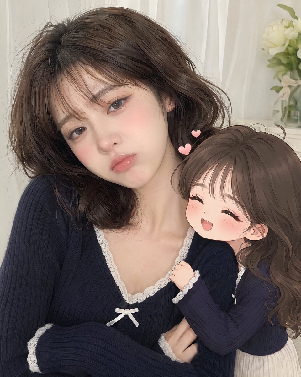 doctorwasif's tweet photo. Made with Chatgpt 2 

Prompt:
Using the uploaded photo as the definitive likeness reference, generate a tall, high-end portrait that pairs a photorealistic rendering of the subject with a smaller, stylized anime version of the same person matching facial features, hair, clothing, and overall vibe. The anime figure should be actively affectionate (clinging to the arm, snuggling close, making finger hearts, gazing up with bright, shining eyes), while the real-life figure wears a cute, mock-grumpy expression that hints at hidden fondness underneath. Aim for a strong contrast in energy: an overtly affectionate anime companion against a real person who's playfully feigning annoyance while clearly charmed. Style should evoke Korean influencer content soft pastel backdrop, flattering light, photoreal main figure, refined anime companion art, strong likeness, and overall polished quality.
Avoid: hostility, coldness, overly serious tone, unsettling vibes, weak resemblance, 3D-doll look, anatomical errors, extra limbs or fingers, visual clutter, text, or watermarks."