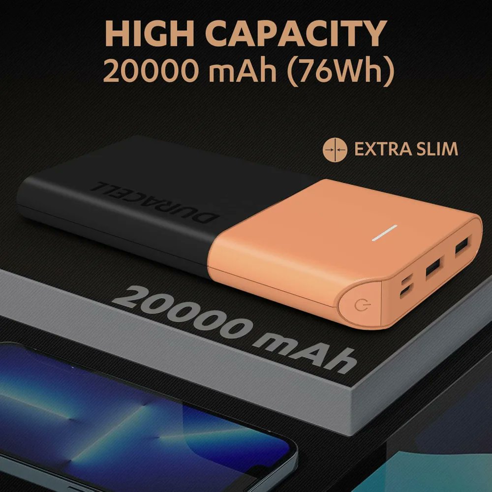 amzng_deals's tweet photo. 20,000mAh usually means a brick. Not this one — it's Duracell's slimmest, days of charge that slides into a jacket pocket. 22.5W fast charging, tops up your phone again and again. From the battery name India's trusted for decades. 4.2★, 5.4K+ buyers. Deal's live — grab it.