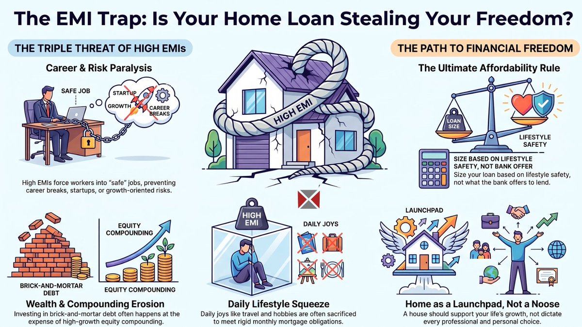 Xpertfinancein's tweet photo. Indians view buying a house as an emotional milestone. They ask themselves: "Can I afford this month's EMI ?" But they rarely ask more dangerous, question: "What will this massive EMI do to my personal freedom over the next 20 years #home #loan #investors #virałpost https://t.co/hwl5Kokk4A