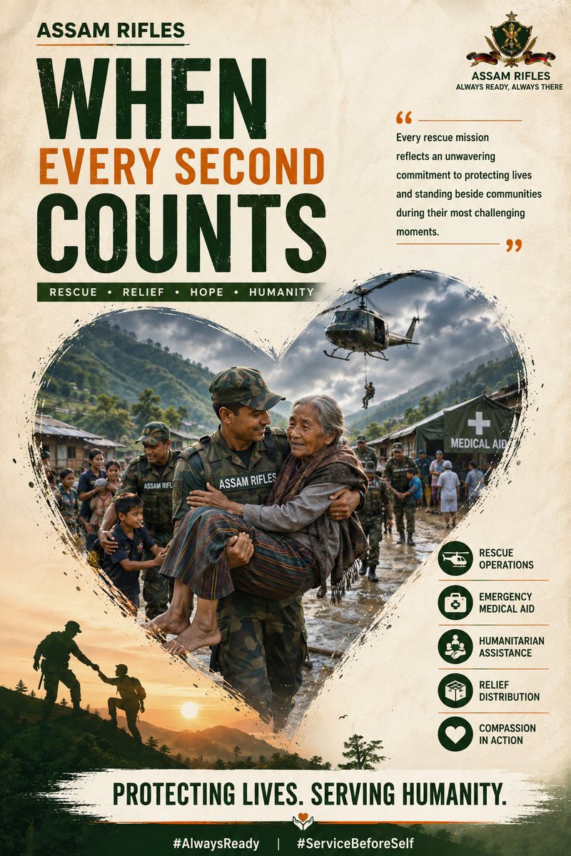 saroja_sing's tweet photo. When emergencies strike, every moment matters. Assam Rifles continues responding with courage, compassion and timely humanitarian assistance ensuring support reaches communities when they need it most. #AlwaysReady #ServiceBeforeSelf https://t.co/JAZChB28F6