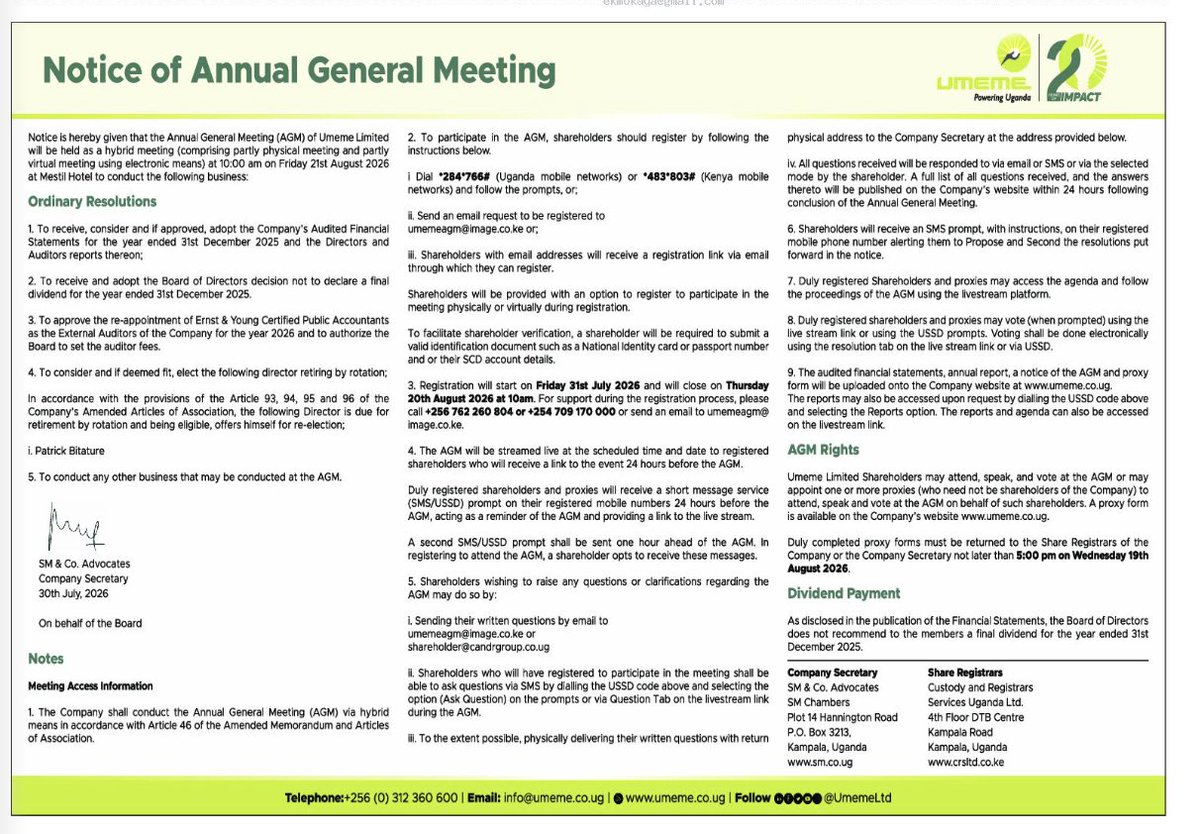 MwangoCapital's tweet photo. Umeme Limited will hold its Annual General Meeting on 21 August 2026 at 10:00am https://t.co/ukpi996bwS