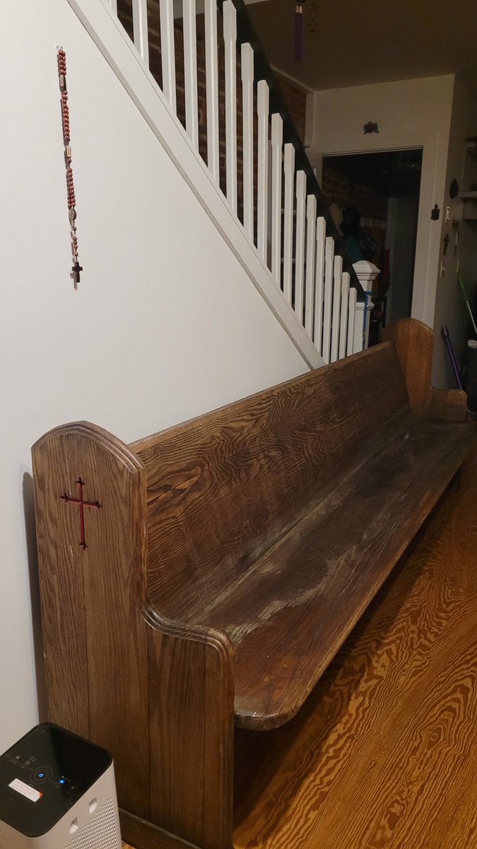 GAYWEEDDAD69's tweet photo. tonight I was spiraling in depression and my gf took me for a walk and we found a pew and I summoned all my friends to help carry it home now I have a pew and no depression and I love everyone around me https://t.co/vFzTX9fB1X