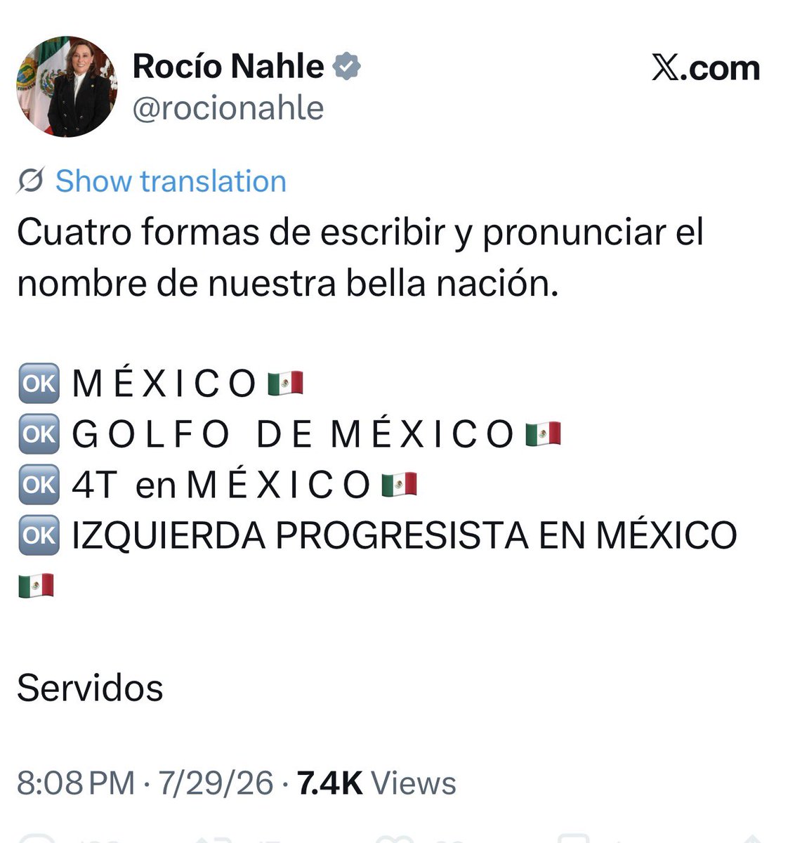 acastagne's tweet photo. Aquí les informa la señora Rocío Nahle @rocionahle las cuatro formas de escribir y pronunciar México.

Que opinan ? https://t.co/dVmIkpEWGg