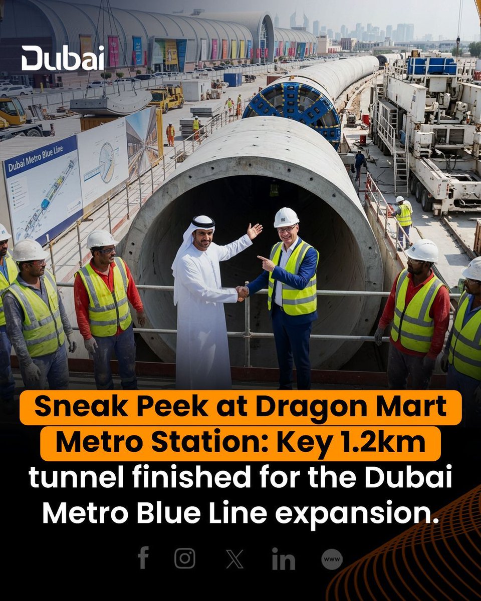 dubaikeyinsight's tweet photo. Dubai's Metro Blue Line has reached another major milestone with the completion of a 1.2-kilometre tunnel to the future Dragon Mart Station, bringing the Dh20.5 billion expansion one step closer to its planned 2029 opening.
#Dubai #DubaiMetro #BlueLine #RTA #UAE https://t.co/3Re89MiIPg
