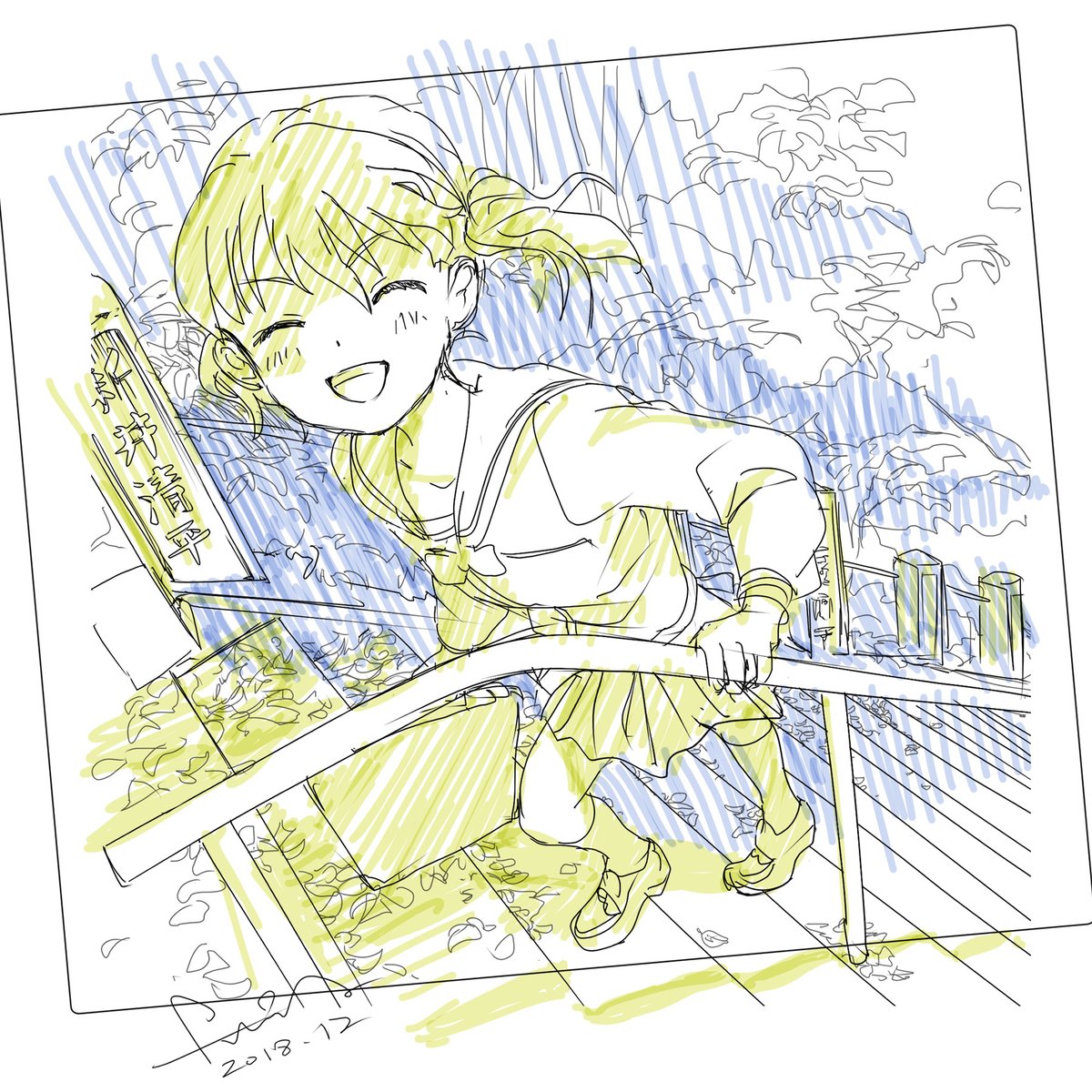 fumia_'s tweet photo. 自分の立っている位置から見た絵だと、けっこう急角度になるんだな、と思ったのはひなたの階段絵を描いた時に気付いたのだけれど、カメラ位置としての主張が強すぎる気がするんだよね。多分、しゃがんで下を撮る事で、自然に捉えた情景の目線になるんだろう。 https://t.co/lYzGtjnMZI