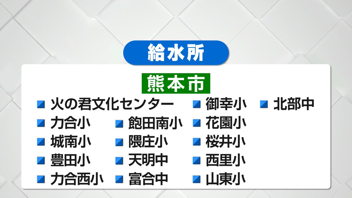 kkt_4ch's tweet photo. 【給水所情報】

▼八代市
・第二中学校
・太田郷コミュニティセンター
・鏡コミュニティセンター
・代陽コミュニティセンター
・千丁コミュニティセンター
・八代小学校
・郡築コミュニティセンター➡14時～19時は第七中
・松高コミュニティセンター
・昭和コミュニティセンター
・泉運動公園・第四中学校・宮地小

▼氷川町
氷川町役場、宮原振興局

▼宇城市
・不知火防災拠点センター
・宇城市役所
・松橋東防災拠点センター
・松橋西防災拠点センター
・小川防災拠点センター
・豊野防災拠点センター
・三角防災拠点センター
・戸馳地区生涯学習センター
・三角北地区生涯学習センター

▼熊本市
城南町 火の君文化センター
力合小、城南小、豊田小、
力合西小、飽田南小、隈庄小、
天明中、富合中、御幸小、花園小、
桜井小、西里小、山東小、北部中