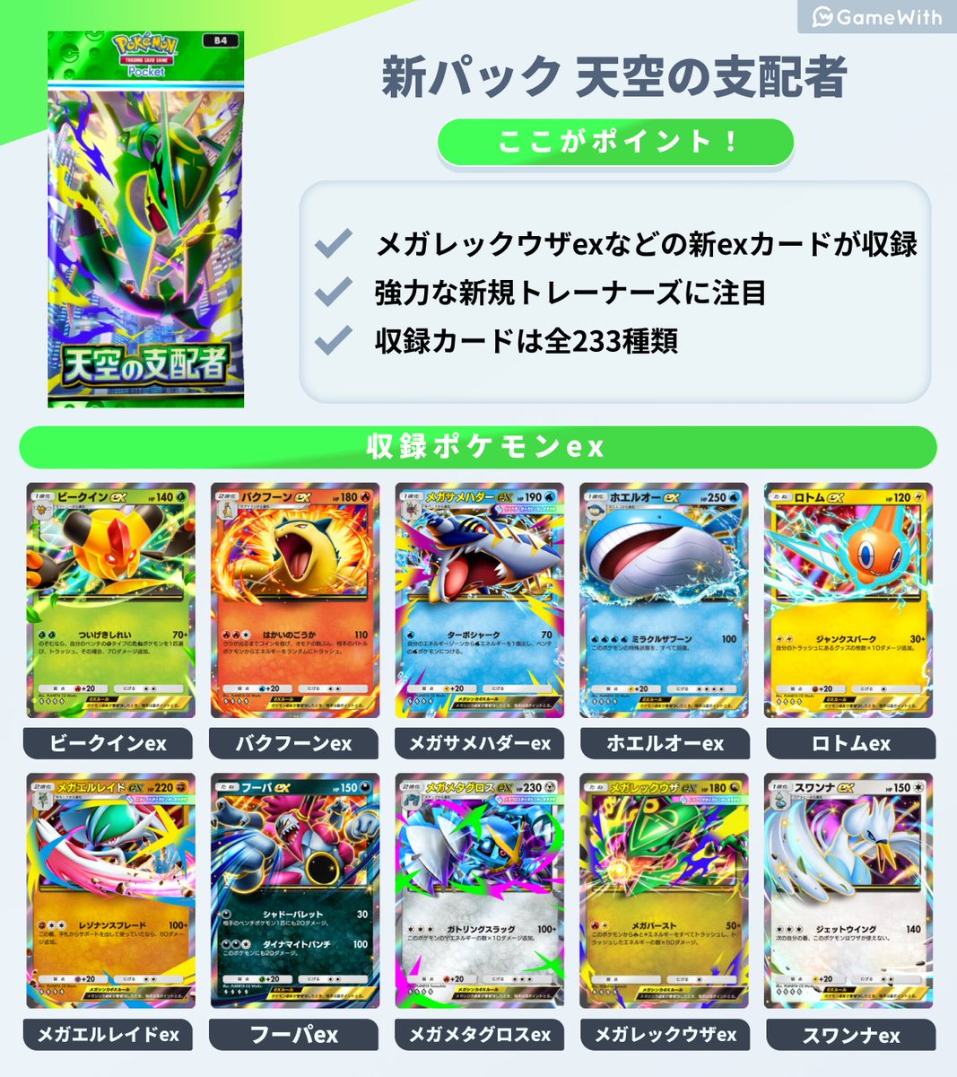 pokepoke_GW's tweet photo. ＼ 新パック天空の支配者まとめ ／

・収録枚数は全233種類
・強力なスタジアムが登場！
・メガレックウザexやビークインexに注目👀

#ポケポケ https://t.co/26NC56SmCE