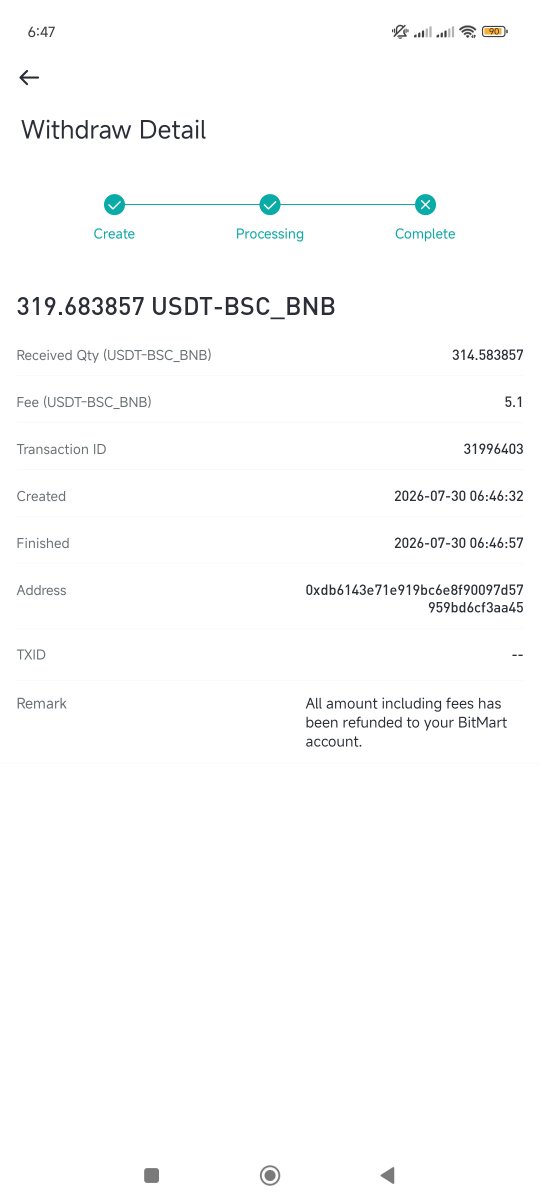 beast57993's tweet photo. @BitMartExchange @BitMart SA My 320 USDT withdrawal keeps getting automatically refunded on both TRC20 &amp; BEP20, with no TXID. KYC/security verification completed. I already submitted support requests but received no response. Please review my withdrawal urgently. 🚨 #BitMart 😭 https://t.co/ST1136j4m6