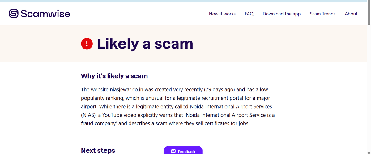 Amitgaur_62's tweet photo. Dear @AAI_Official, please verify whether https://t.co/xbl242uwFM is an official recruitment portal. I applied, paid the required fee, and later found it flagged as "Likely a Scam" by Scamwise (screenshot attached). Kindly clarify and protect job seekers. #AAI #ScamAlert https://t.co/iIyqt9uE9l