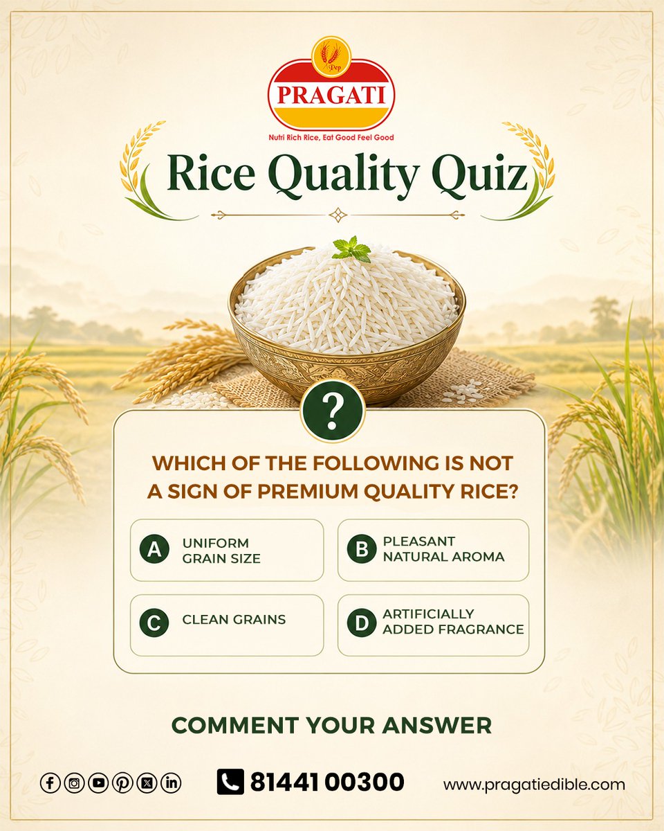 PragatiEdibles's tweet photo. #QuizTime
Which is NOT a sign of premium-quality rice?
Comment your answer to win exciting prizes! Like & Repost | Tag 3 Friends | Review our Page | Subscribe to our YouTube.
.
.
#Pragati #Rice #NutriRichRice #ContestAlert #GuessTheAnswer #RiceKnowledge #WinAmazingPrizes https://t.co/sPzCdc97tA
