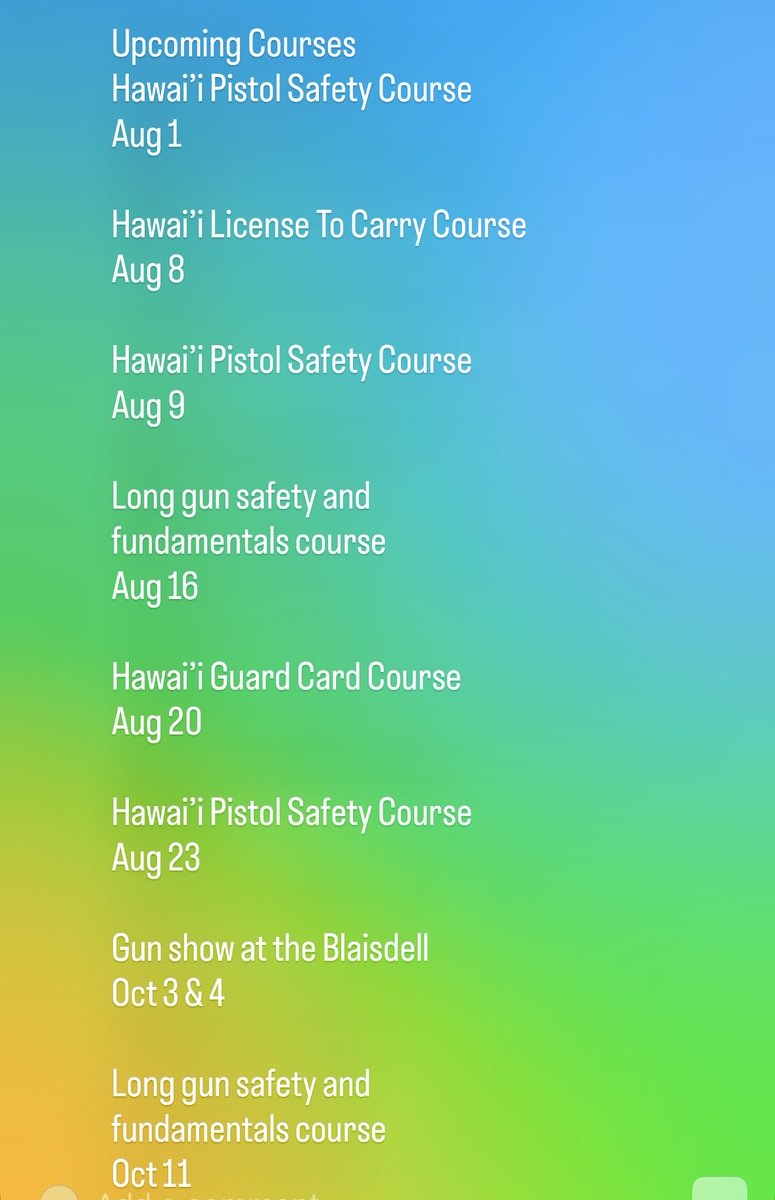 theoriginalsupa's tweet photo. #upcomingcourses
#hawaiipistolsafetycourse
#HawaiiLicenseToCarryCourse
#Hawaii
#Longgunsafetyandfundamentals
#HawaiiGuardCardCourse
#PistolSafetyCourse
#Gunshow
#Longgunsafety
#lasvegas https://t.co/Uzc5aDCF96