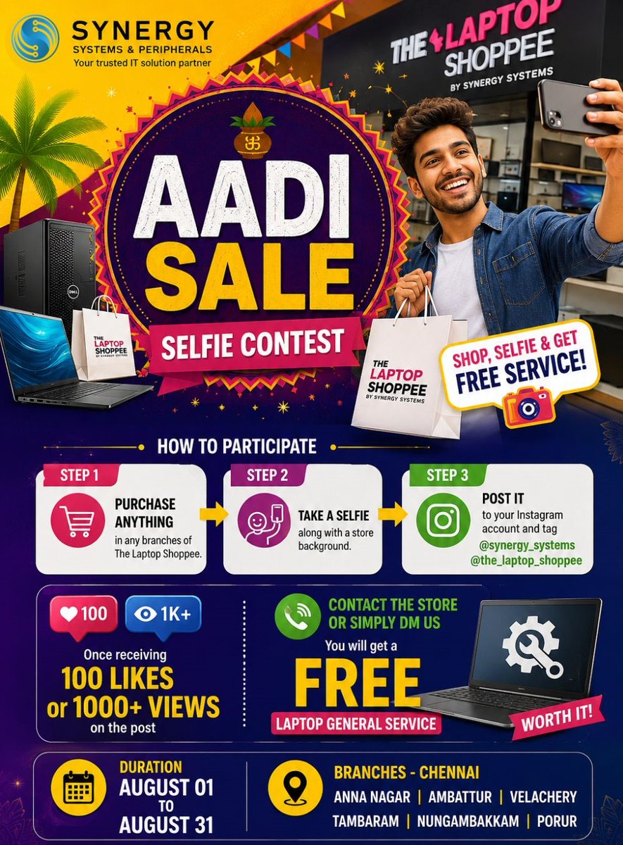 synergysystem_'s tweet photo. 🎉📸 Aadi Selfie Contest is Here! 📸🎉

How to participate:
✅ Buy your favorite Tech product
✅ Take a selfie with store background
✅ Post it on Instagram
✅ Tag @SynergySystems and @the_laptop_shoppee 

Get 100 likes OR 1k+ views , you will get a FREE laptop general service!!! https://t.co/VNUHnt1gvd