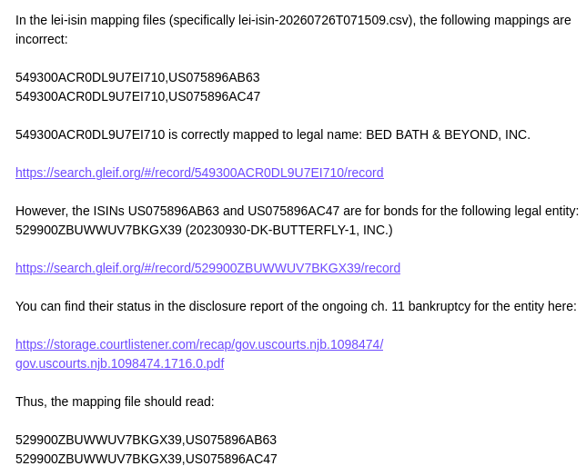 exspiracolo's tweet photo. 075896 timestamps all touched again. None of the 690370 timestamps touched. No data modified. 🤷

I normally don't check this often but I've been checking daily since the weird shifts ~July 20th.

Will check LEI mappings tomorrow because I do have a request pending. Everything still points to 549300ACR0DL9U7EI710.