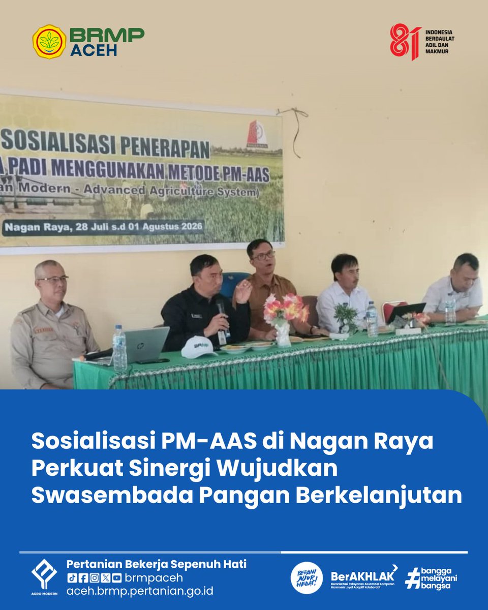brmpaceh's tweet photo. Saleum Syedara🙏

PJ Swasembada Pangan Provinsi Aceh bersama BRMP Aceh menggelar Sosialisasi PM-AAS di BPP Plo Ie, Kecamatan Kuala, Kabupaten Nagan Raya, pada Selasa, 28 Juli 2026.

Selengkapnya:
https://t.co/DwkvtvQRKL

#KementerianPertanian #Agromodern #BRMPAceh https://t.co/oed6Z5SOt2