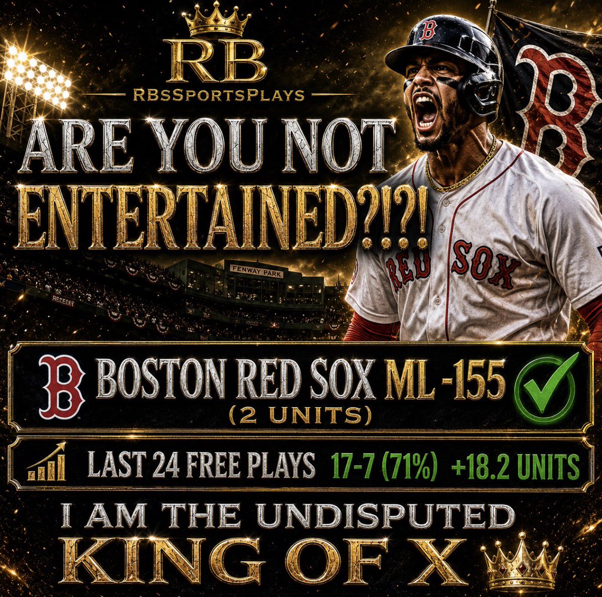 RBsSportsPlays's tweet photo. BOOOOOOOOMMMMMMMM

THE HEATER IS HERE LADIES &amp; GENTS!!!!

Boston Red Sox ML -155 (2 Units)✅✅

Last 24 Free Plays 17-7 (71%) +18.2 Units

I NEED TO KNOW WHO DANCED 🕺🏻 https://t.co/YwRZcX5N6y