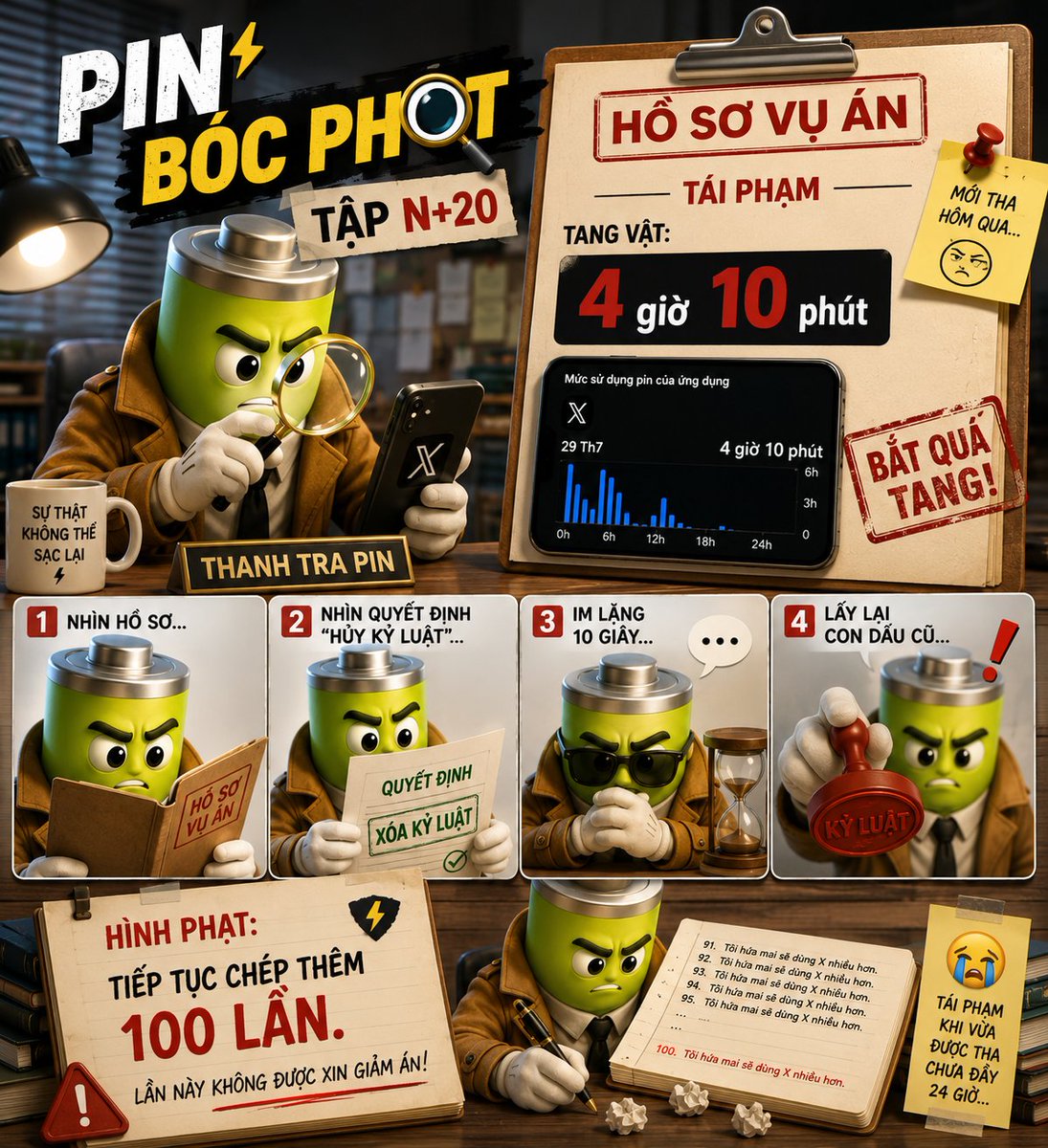 Ubjnodn951's tweet photo. 📱 PIN BÓC PHỐT - TẬP N+20
📂 TÁI PHẠM LẦN 1
📊 Tang vật: 4 giờ 10 phút.
Thanh tra Pin:
"Mới tha hôm qua..."
...
"Hôm nay lại gặp." 🤦♂️
⚖️ Hình phạt:
📖 Tiếp tục chép thêm 100 lần.
Lần này không được xin giảm án. 😂
#PinBocPhot #ThanhTraPin #CryptoVN #XCreator #BuildInPublic