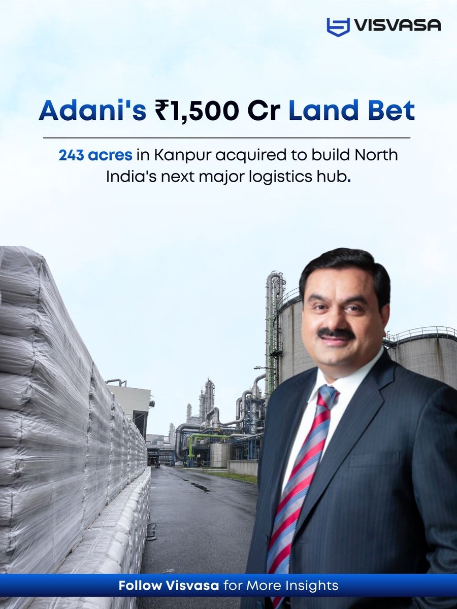 ParksVisva78720's tweet photo. Adani’s ₹1,500 crore Kanpur deal signals a bigger shift: industrial land is becoming strategic logistics infrastructure, driven by real demand, connectivity and expanding warehousing networks.

#IndustrialRealEstate #Logistics #Warehousing #IndustrialLand #IndianLogistics https://t.co/QPQy1SuJpX