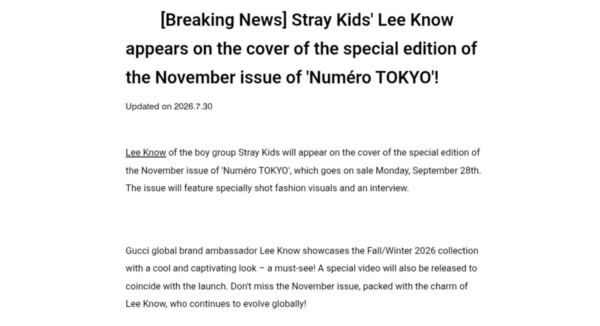 MlNHORIZON's tweet photo. LEEKNOW AS THE COVER OF NUMÉRO TOKYO SPECIAL EDITION NOV. ISSUE!

"Gucci global brand ambassador Lee Know showcases the Fall/Winter 2026 collection with a cool and captivating look."

#LEEKNOWxGUCCI https://t.co/XTKmKYezSi