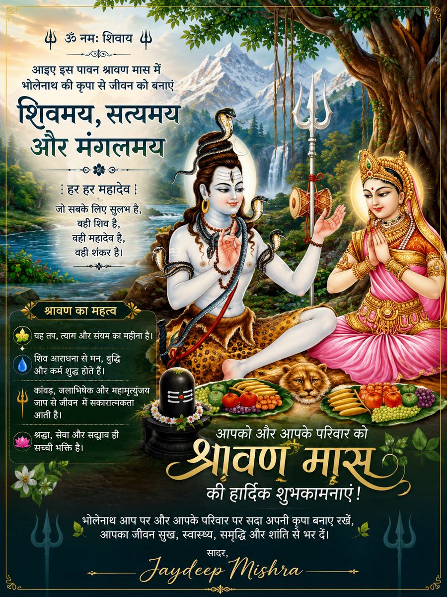 jaydeepmishra's tweet photo. जो सबके लिए सुलभ है, वही शिव है।
जो सबको समान दृष्टि से देखे, वही महादेव है।
जो सत्य, करुणा, न्याय और लोककल्याण का मार्ग दिखाए, वही शंकर है।

शिव किसी विशेषाधिकार का नहीं, समस्त सृष्टि के कल्याण का प्रतीक हैं। https://t.co/B5UkSVgZl4