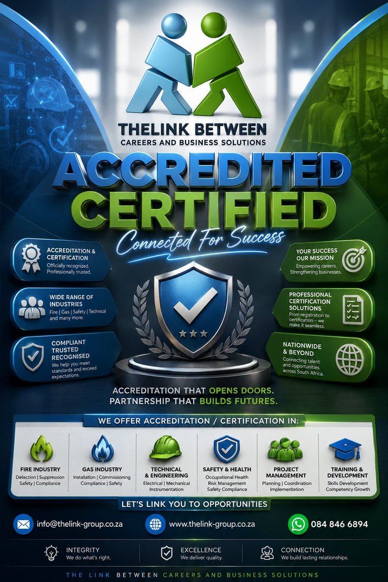 TheLink_Group's tweet photo. THELINK BETWEEN 🔗
Careers and Business Solutions

ACCREDITED ✅ CERTIFIED 📜
Connected For Success 🤝

ACCREDITATION THAT OPENS DOORS 🚪
PARTNERSHIP THAT BUILDS FUTURES 🏗️

WHY CHOOSE US:
🎖️ ACCREDITATION &amp; CERTIFICATION - Officially recognized. Professionally trusted. https://t.co/GGbjoL7ZZo