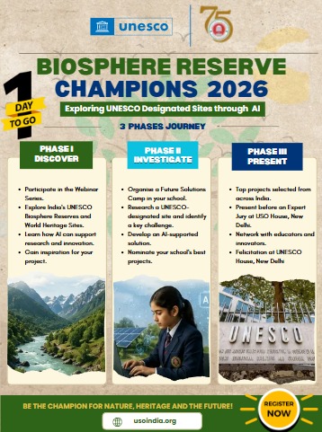 UsoIndia's tweet photo. 🚨 ONLY 1 DAY LEFT! 🌍🤖

Do not miss Biosphere Reserve Champions 2026!

- Organised by USO in collaboration with UNESCO
- Opportunity to compete at the National Finale in Delhi

🔗 Register now: https://t.co/uOMexgSQi0

#BRC2026 #USOIndia #AIEducation https://t.co/FfYljIxgyo