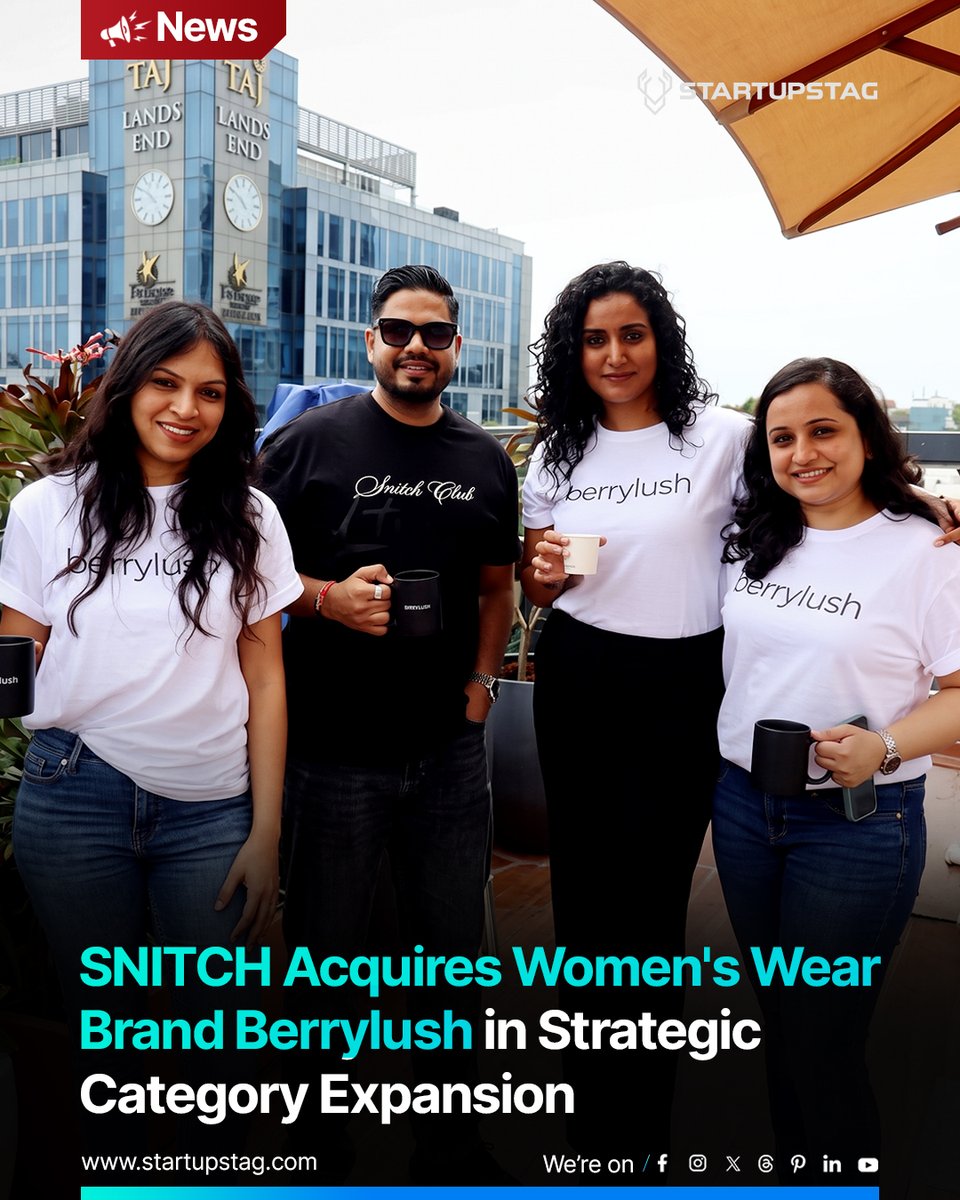startup_stag's tweet photo. SNITCH acquires women's western wear label Berrylush, marking its first move beyond menswear. Combines SNITCH's supply chain expertise with Berrylush's decade-long brand equity. Comes after SNITCH's revenue hit ₹900cr in FY26, a year post its $40M Series B round.

@startup_stag https://t.co/5lGpR9Wd1y