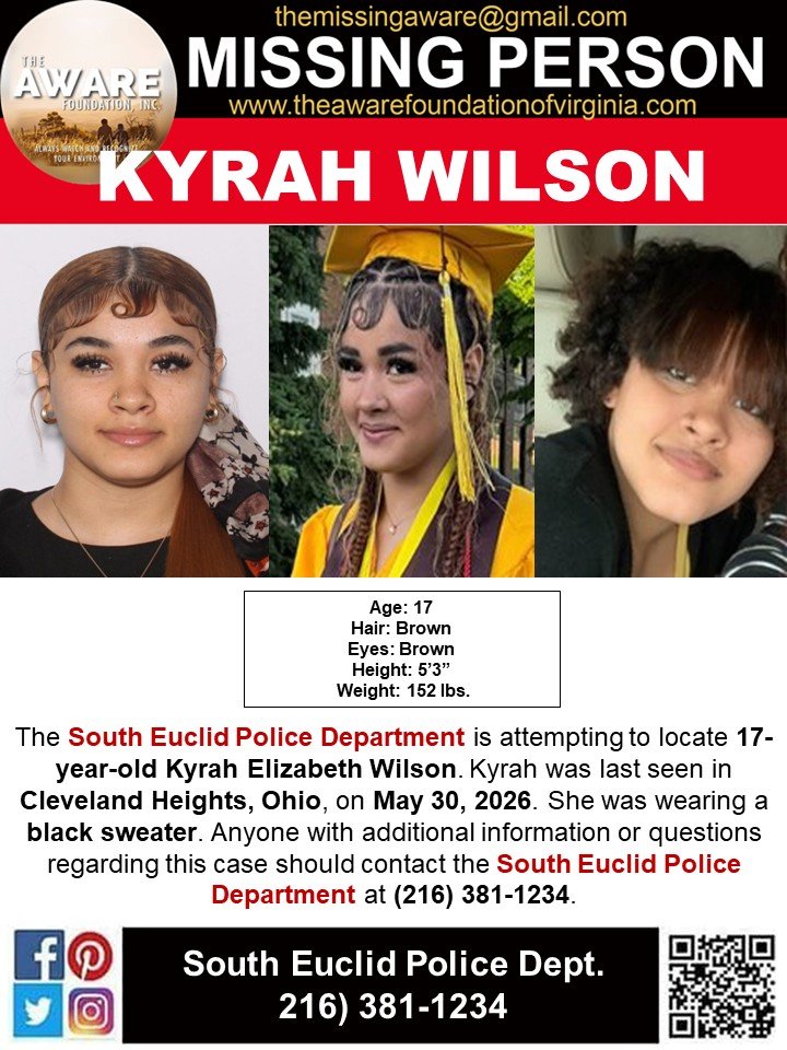 aware_the's tweet photo. 🚨 MISSING JUVENILE – PLEASE SHARE 🚨

The South Euclid Police Department is asking for the public's help in locating 17-year-old Kyrah Elizabeth Wilson.

Kyrah was last seen on May 30, 2026, in Cleveland Heights, Ohio. She was last seen wearing a black sweater.

If you have any information about Kyrah's whereabouts, please contact the South Euclid Police Department immediately at (216) 381-1234.

Even if you don't have information, sharing this post could help it reach someone who does. Every share increases the chances of bringing Kyrah home safely.

#MissingJuvenile #MissingPerson #KyrahElizabethWilson #SouthEuclidOH #ClevelandHeightsOH #Ohio #BringThemHome #ShareToHelp