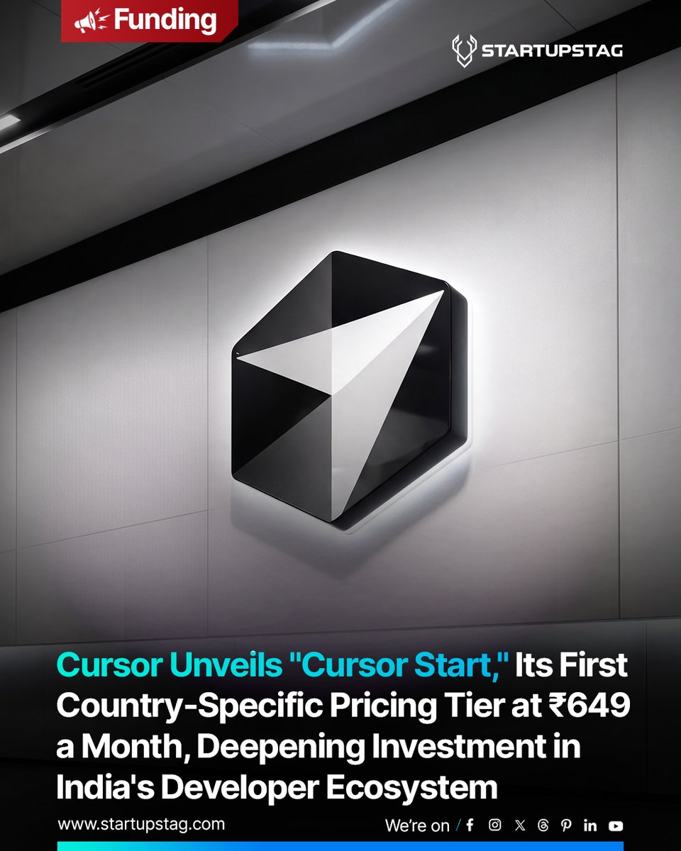 startup_stag's tweet photo. Cursor launches "Cursor Start" at ₹649/month for India—cheaper than Pro's $20/month. Includes Composer 2.5, Grok 4.5, cloud agents &amp; MCP support, minus frontier models. India is now Cursor's 3rd-largest market.

@startup_stag https://t.co/vUZrxgwLoo