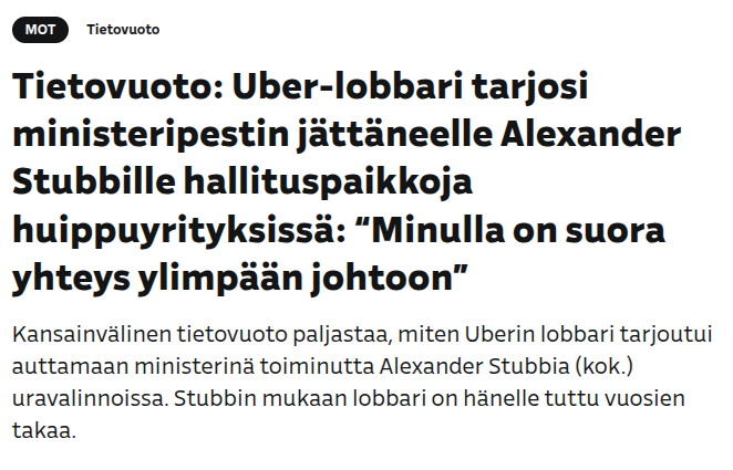 VeijoPT's tweet photo. @RusiAlpo Stubbin ystäviä on kaikki joilla on vähänkin valtaa ja hän on kerran tavannut. 

Tähän hän vetosi, kun über pyrki vaikuttamaan taksilain valmisteluun hänen ministeri kautensa aikana ja sieltä luvattiin kiva työ, kun laki vain saadaan eteenpäin.

https://t.co/beFb4OGLM8 https://t.co/NY4ZPB0Yuv