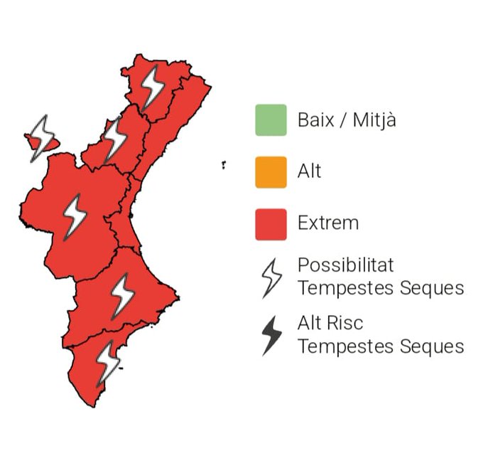 GVA112's tweet photo. 🔥El nivell de preemergència de risc d'incendis forestals hui 30/07 és:

🔴Extrem a tota la Comunitat Valenciana
⚡️Possibilitat de tempestes seques a tota la Comunitat Valenciana, excepte al litoral de Castelló i el litoral nord de València

📞Si veus fum o foc, telefona a l'1·1·2

#StopAlFoc