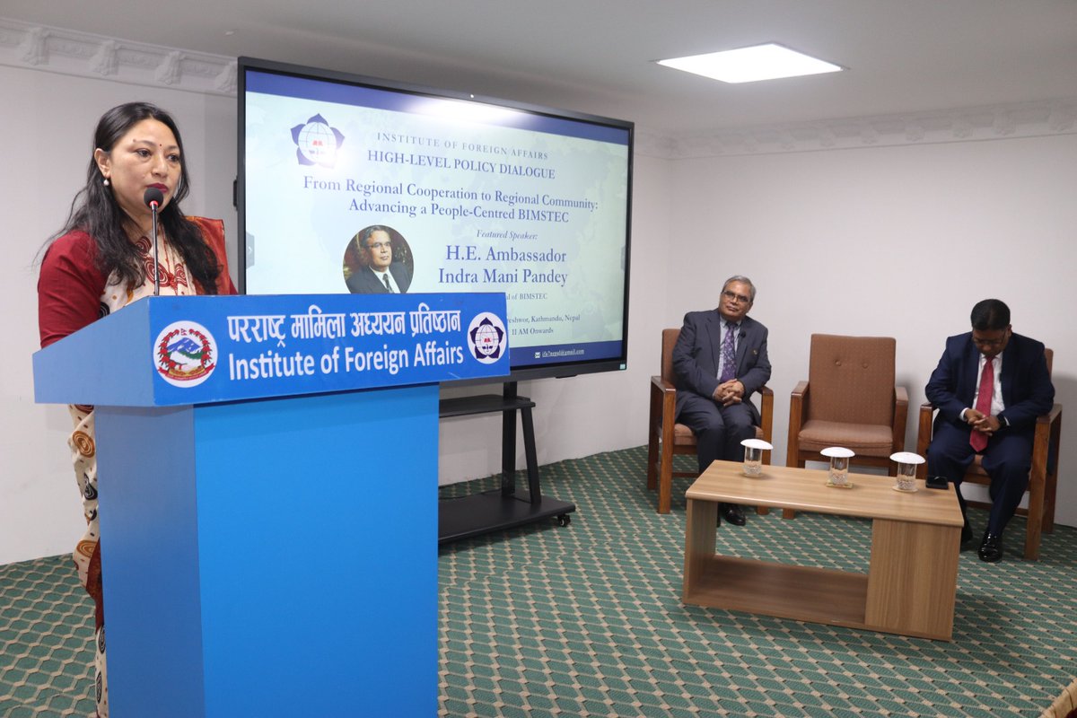 IFA_Nepal's tweet photo. IFA hosted a High-Level Policy Dialogue: "BIMSTEC at 30: Promoting People-to-People Contact to Advance Regional Cooperation, Integration &amp; Shared Prosperity" in Kathmandu. BIMSTEC SG Amb. Indra Mani Pandey delivered the keynote, joined by envoys from Thailand &amp; Sri Lanka. https://t.co/4Wb46N2RC2