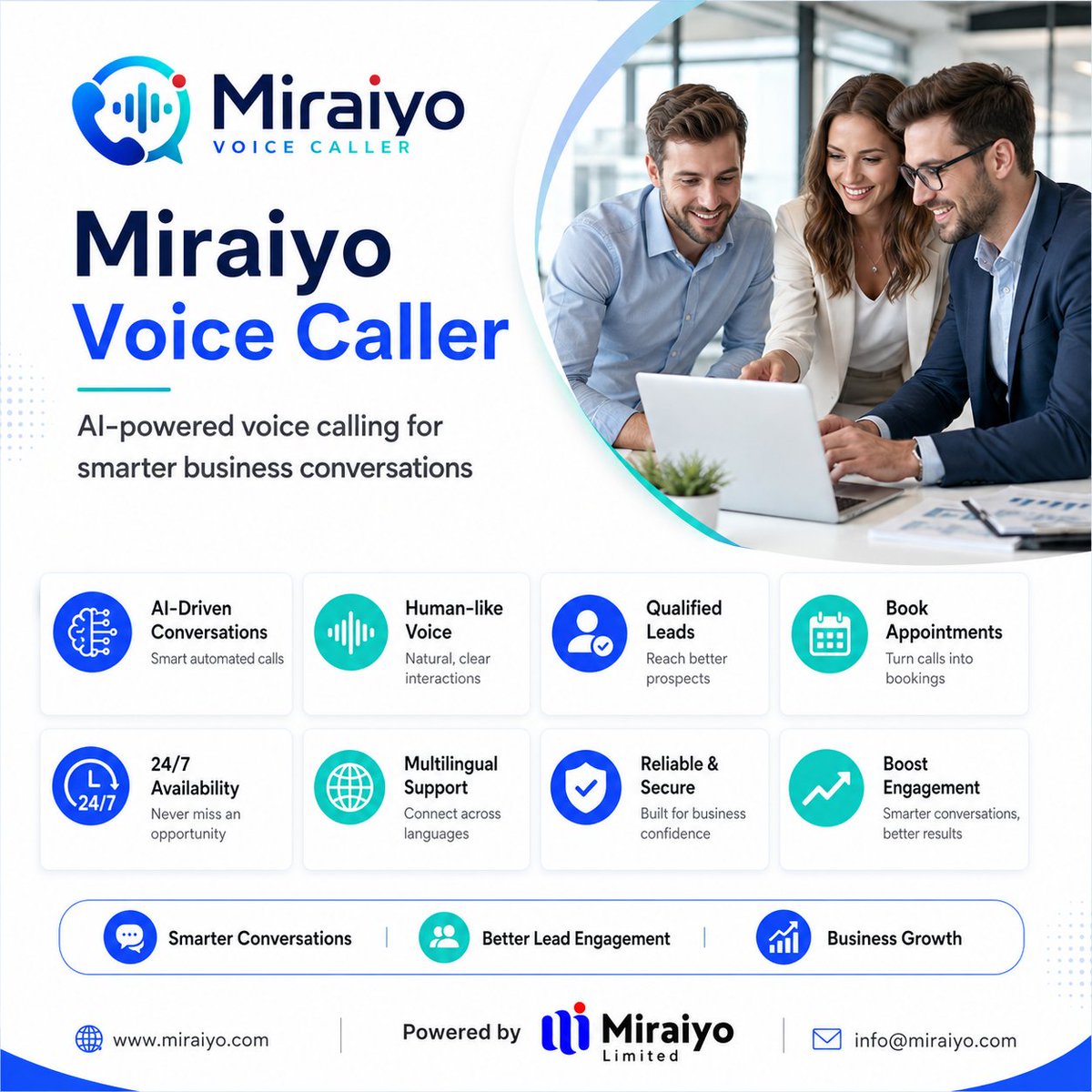 TheMiraiyo's tweet photo. See how Miraiyo Voice Caller turns AI-powered conversations into qualified leads, smart follow-ups, and booked meetings—all from one simple dashboard.

🎥 Watch the full dashboard walkthrough:
 https://t.co/S6iS8Wh39v

#MiraiyoVoiceCaller #AICalling #LeadGeneration https://t.co/EjBMv6kv6y