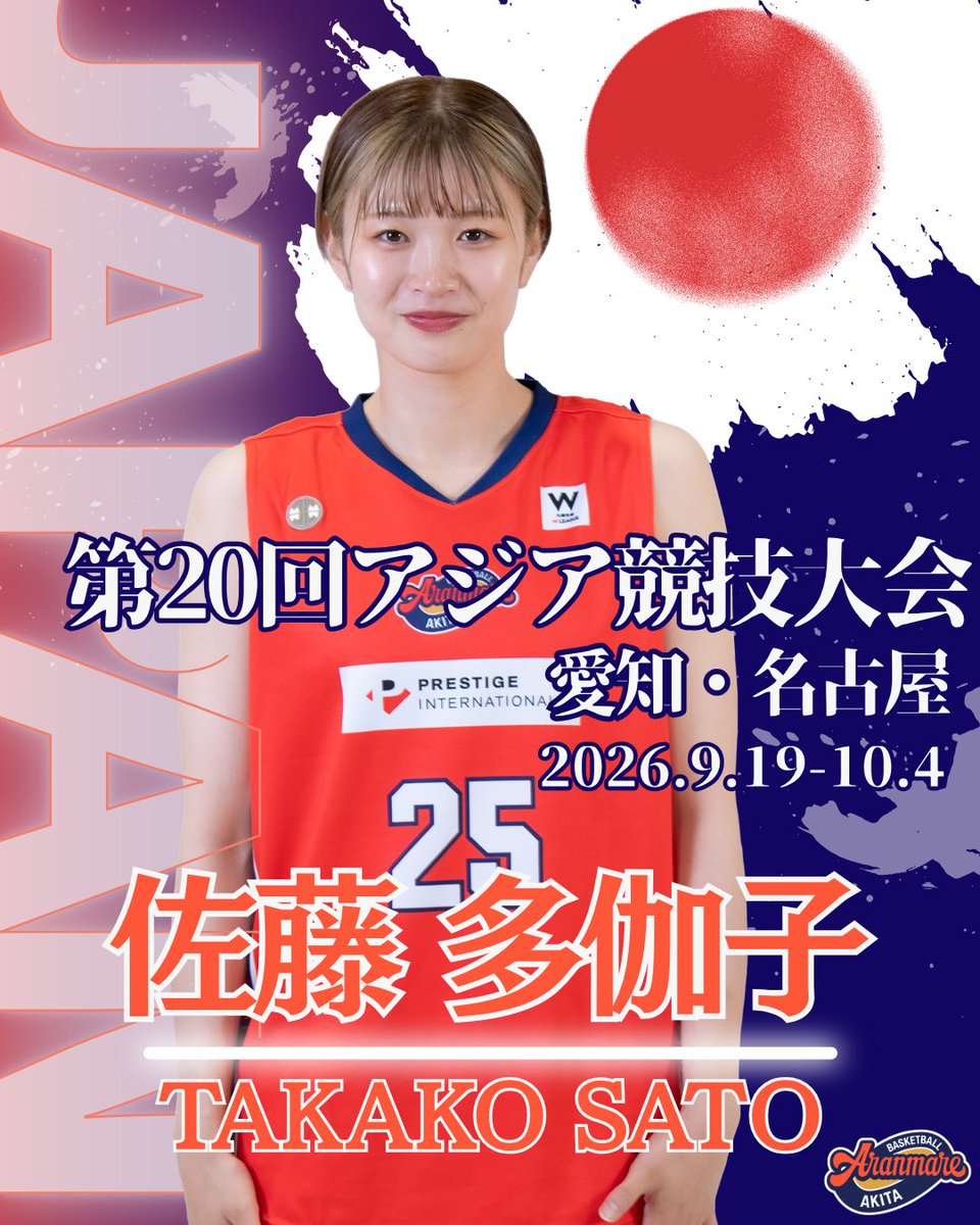 aranmare_basket's tweet photo. .
★⭐︎★⭐︎ 第20回アジア競技大会メンバー選出のお知らせ ⭐︎★⭐︎★

第20回アジア競技大会(2026/愛知・名古屋)が
2026年9月19-10月4日に開催されます🏀

５人制バスケットボール競技へは
アランマーレ秋田より

No.25 佐藤多伽子(@aranmare_rara )

が選出されました🇯🇵

🌟ララ意気込み🌟
チームの中で自分に求められている役割をしっかりと果たし、
一つひとつのプレーを全力で、
ハッスルして頑張りたいと思います🔥
経験を積んできた選手の皆さんと一緒に
プレーができる環境に感謝しながら、
多くのこと吸収し、プレーヤ考え方を学び、
自分自身の引き出しを少しでも増やして
成長していきたいです💪
自分にできることを精一杯頑張りますので、
是非応援のほど宜しくお願い致します😊

#アランマーレ
#アランマーレ秋田
#アジア競技大会