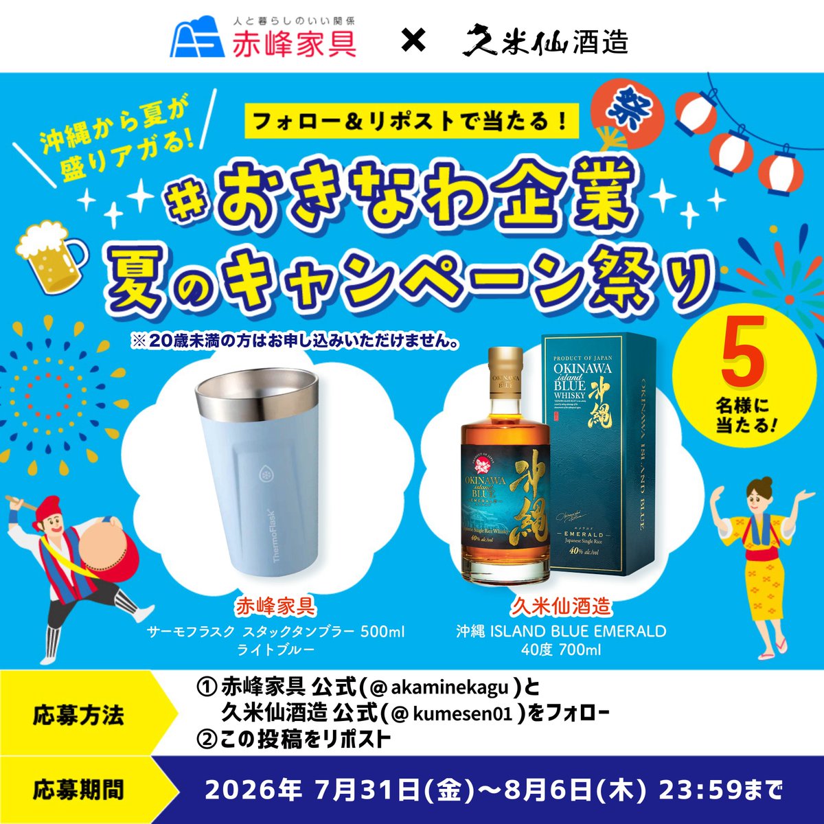 akaminekagu's tweet photo. 【5日目】
久米仙酒造✕ 赤峰家具
#おきなわ企業夏のキャンペーン祭り
／
沖縄ISLAND BLUE EMERALD40度700mlとタンブラーが
抽選で5名様に当たる✨️
＼
▼応募方法
①久米仙酒造@kumesen01と赤峰家具@akaminekaguをフォロー
②この投稿をリポスト
「ウイスキーの相棒」をリプ欄でコメントすると、当選確率アップ！

※20歳未満の方はお申し込みいただけません。
⌛️期限:8/6(木)23:59まで