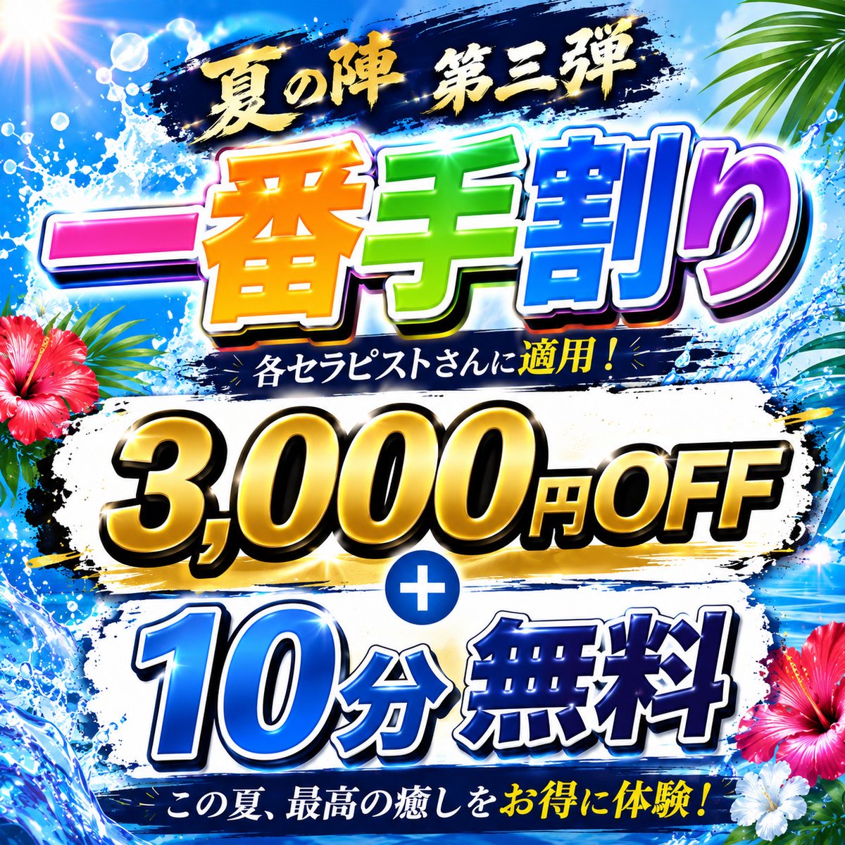 aispa22's tweet photo. 夏の陣☀️
第3弾！！！

1番手割！！！！
3,000円オフ🤩
+10分サービス✌️

1番手のご案内がオススメです！
なんともお得でございます！！！

※割引きの併用不可
※適用外のセラピストもおります https://t.co/AlI2sNqosZ