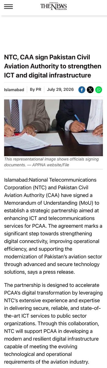 ntcpakofficial's tweet photo. Media Highlights: NTC AND Pakistan Civil Aviation Authority Signs MOU  to Secure Aviation's Digital Future.

Media Coverage – NTC X PCAA MOU SIGNING CEREMONY

1. https://t.co/oz32okTXYi

2.https://t.co/97czOYmQlt https://t.co/vMOKdxeGHz
