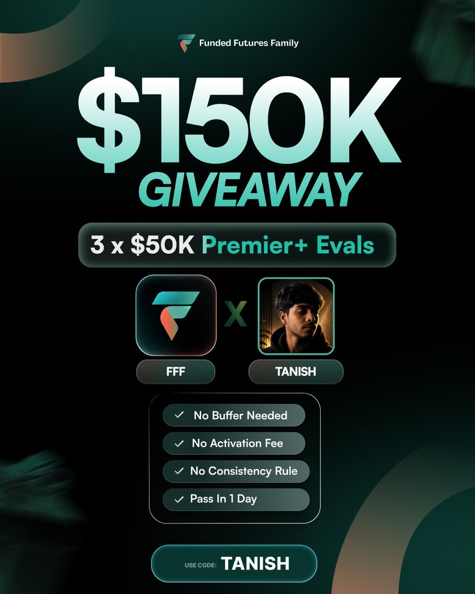 risers343's tweet photo. 3 x $50k Premier+ Account Giveaway 🚨 

How to enter 👇 

1️⃣ Follow: @risers343 @fundedfamily @_Peace_Fx @SwingWiseFX @Kryptorbit_com 

2️⃣ Like + Repost+ Tag 2 friends

3️⃣ Comment If you win account how you pass it

Use code TANISH for more chances 

Good luck winners in 3 days 🍀