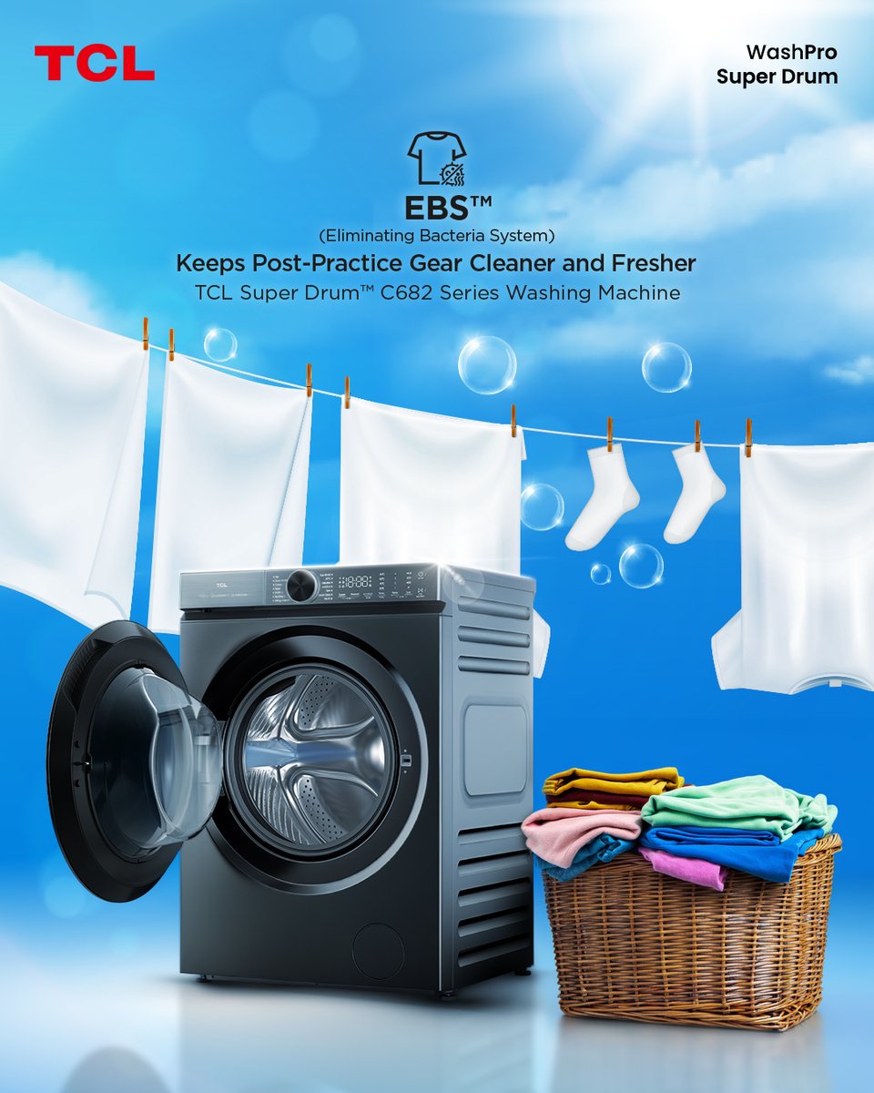 TCLPH's tweet photo. From practice to game day, every wash should leave your gear feeling fresh. 👕✨
TCL C682 Super Drum Washing Machine features EBS™ (Eliminating Bacteria System), helping reduce bacteria during every wash.
#TCLLaundryCareExpert #TCLSmartClean #TCLSupremeCare #TCLSuperDrum https://t.co/jaB3VHndzA