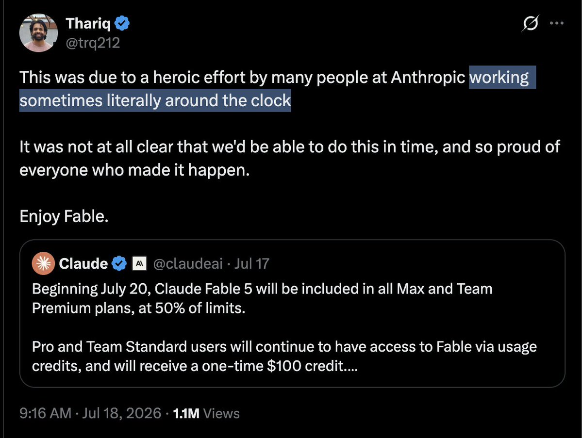 Lon's tweet photo. I now have definitive proof that Anthropic has been silently downgrading Fable users to Opus models without providing notification in the UI and without respecting their own configuration flag that prevents automatic model downgrades on classifier activation.

I previously claimed that Anthropic nerfed Fable after they announced they would continue providing access to Fable for all Max user subscriptions starting July 20th. And now I have the evidence from their own harness code and model registry, with version numbers and dates. And it proves they activated the capability to silently downgrade users exactly ON JULY 20th.

If you've been noticing that Fable seems to think less before acting, and gives you vibes that remind you of talking to Opus 4.8, it's because you probably have been silently routed to Opus 4.8 - with no discernible UI feedback, and no mechanism for you to stop it from happening.

This is yet another instance of user-hostile behavior from Anthropic. They had planned to remove Fable from subscription plans on July 7th, July 12th, and July 19th and were forced to keep it in subscription plans indefinitely due to competitive pressures from OpenAI and Chinese open weight model releases like Kimi 3.

But this is Anthropic, so they did what Anthropic does best and silently took Fable away from you anyway,  while telling you how proud they were to provide you with permanent access in your subscription plan. 

We now know what "working literally around the clock" meant.

(receipts attached. and sorry for the small text)