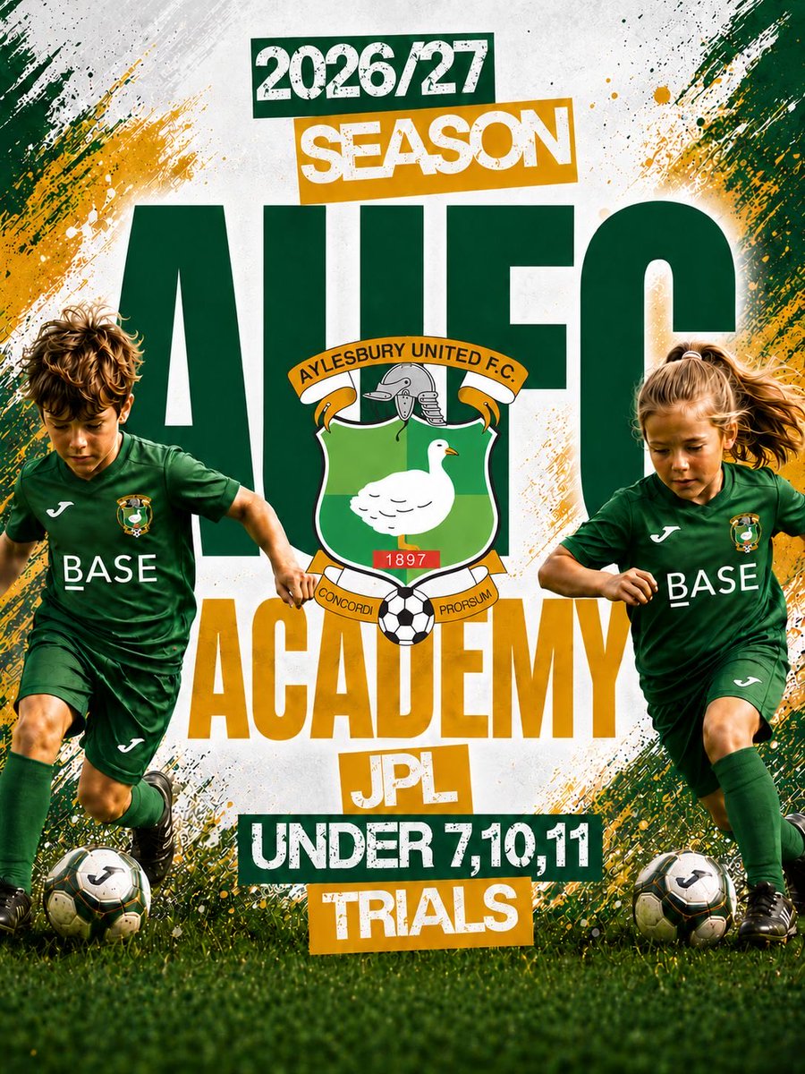 _AUFCACADEMY's tweet photo. Academy Trials are OPEN!

⚽ 2026/27 Season
🦆 U7,10,11

Take your game to the next level with Aylesbury United FC.

Limited places available.

📲 Apply today:
🔗 https://t.co/xHw51zupkS

#AUFC #FootballTrials #JPL #YouthFootball https://t.co/8enBMyVVUW
