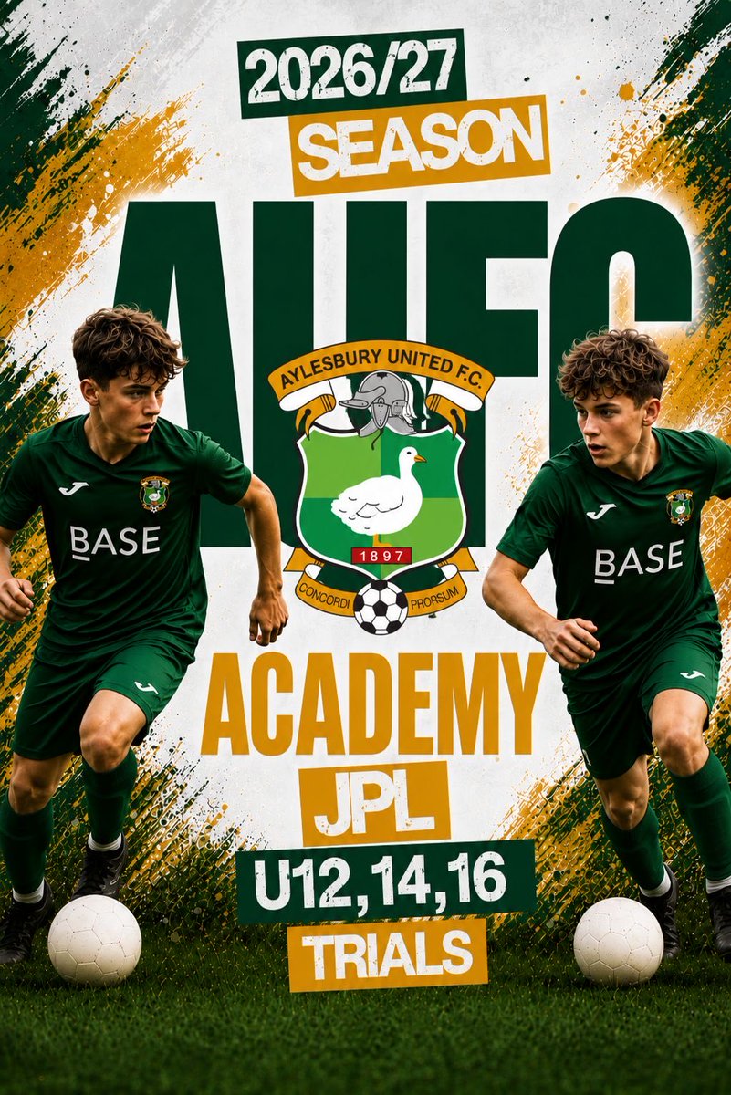 _AUFCACADEMY's tweet photo. Academy Trials are OPEN!

⚽ 2026/27 Season
🦆 U12,14,16

Take your game to the next level with Aylesbury United FC.

Limited places available.

📲 Apply today:
🔗 https://t.co/xHw51zupkS

#AUFC #FootballTrials #JPL #YouthFootball https://t.co/FpP5WnaFCH