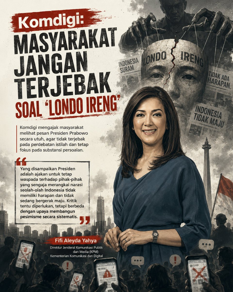 gebianne's tweet photo. Komdigi ajak masyarakat fokus pada substansi pesan Presiden, jangan terjebak perdebatan istilah yang membangun pesimisme. #jagaindonesia #Komdigi #LiterasiDigital #PersatuanBangsa #Optimisme https://t.co/1wt5Pq03YX