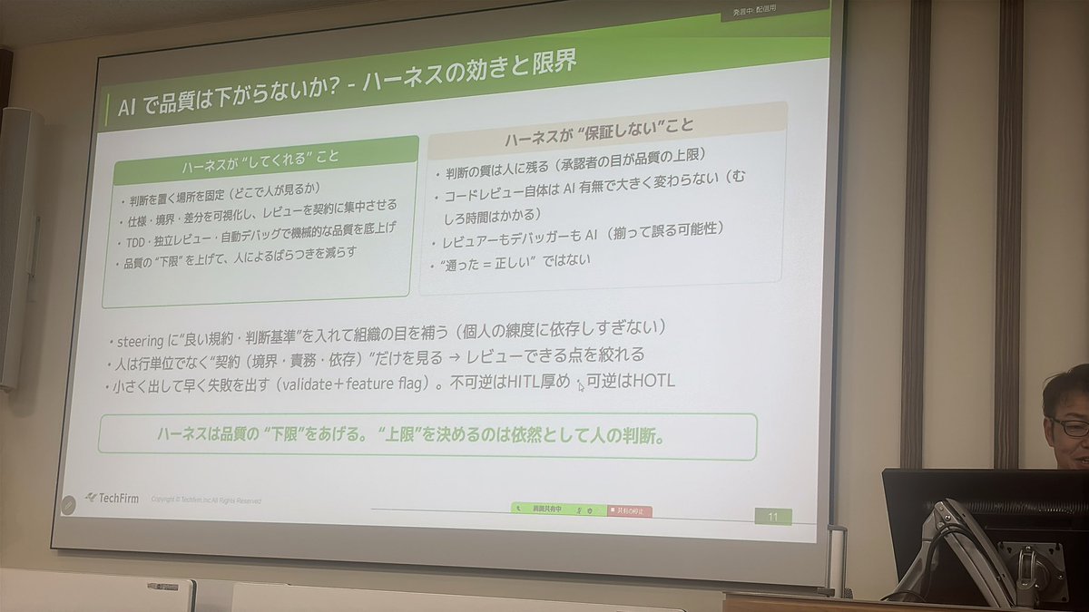 TechfirmRecruit's tweet photo. 「AIで品質は下がらないの？」
AI駆動開発においてとても気になるポイントですよね👀

ハーネスが効くところ、効かないところ、人間がやるべきポイントと、人間によるチェック時の注意点を解説しています。

この後は、実際の開発に入る前の準備や導入成果もご紹介！

#aiddcon2026 
#aiddcon2026b https://t.co/QMasxnQtF9