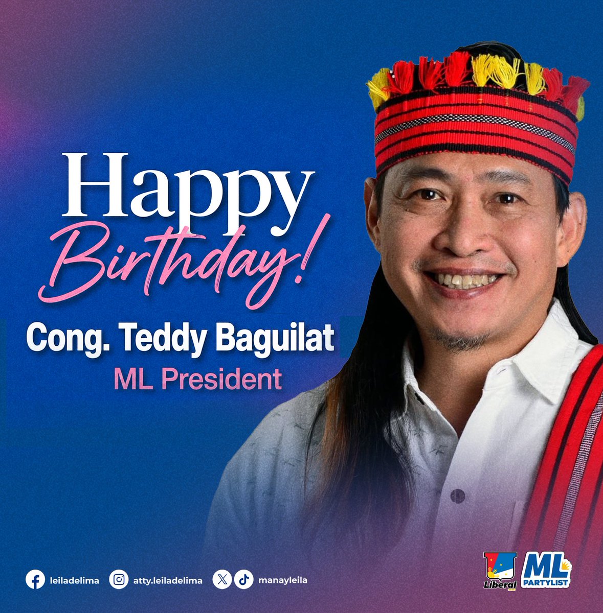 manayleila's tweet photo. Sa ating ML President, IP champion, certified masayahin, tunay na lingkod-bayan, at kapwa na natin senior citizen — maligayang kaarawan, Cong. @TeddyBaguilatJr! 🥳💙

True to your humble heart, you chose to celebrate your 60th birthday by visiting and engaging with Indigenous communities. Always grounded. Always dedicated to serving and bringing hope to people. 

Muli, mula sa iyong ML at LP family, Happy, Happy birthday, Cong. Ted!
