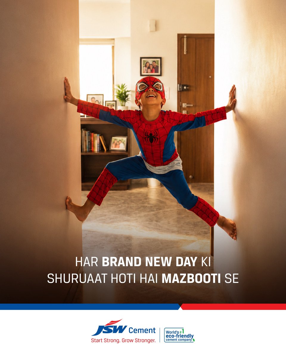 JSWCement's tweet photo. From living rooms to superhero missions, every big dream begins in a home that stands strong.

#Spiderman #BrandNewDay #JSWCement #Strength #StartStrongGrowStronger https://t.co/LGtpqIbtLh