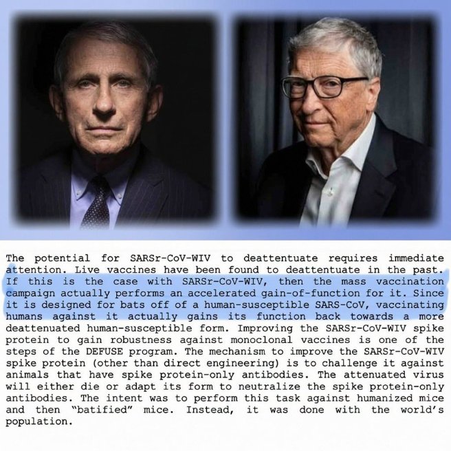 ValerieAnne1970's tweet photo. They didn't need secret labs or test animals.

They turned 8 billion humans into the ultimate gain-of-function experiment.

Mass "vaccination" gave the spike protein exactly what it needed to repicate faster, stronger, and more immune-evading — right inside our bodies.

Fauci, Gates, and the architects knew the playbook. DEFUSE was the blueprint they never got funded for...

...so they ran it on the entire planet instead.

Your blood. Their bioreactor.

This wasn't protection. It was the upgrade.